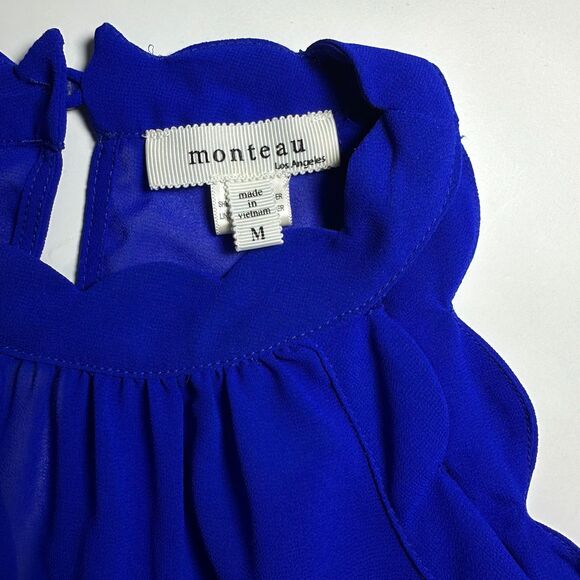 Monteau LA Cobalt Blue Scalloped Sleeveless Blouse Tank Top Size Medium M - Picture 3 of 7